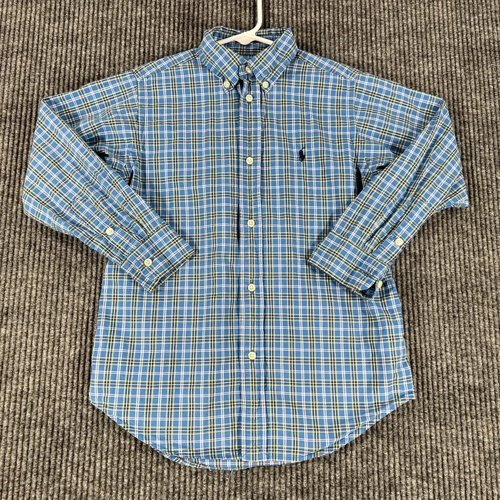 Ralph Lauren Shirt Youth Boys 7 Blue Plaid Long Sleeve Button Down Casual Dress
